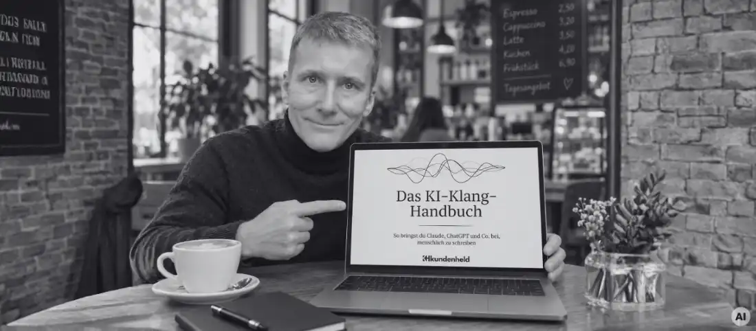 Mann sitzt im Café und zeigt auf ein aufgeklapptes Notebook mit dem Cover vom KI-Klang-Handbuch auf dem Bildschirm