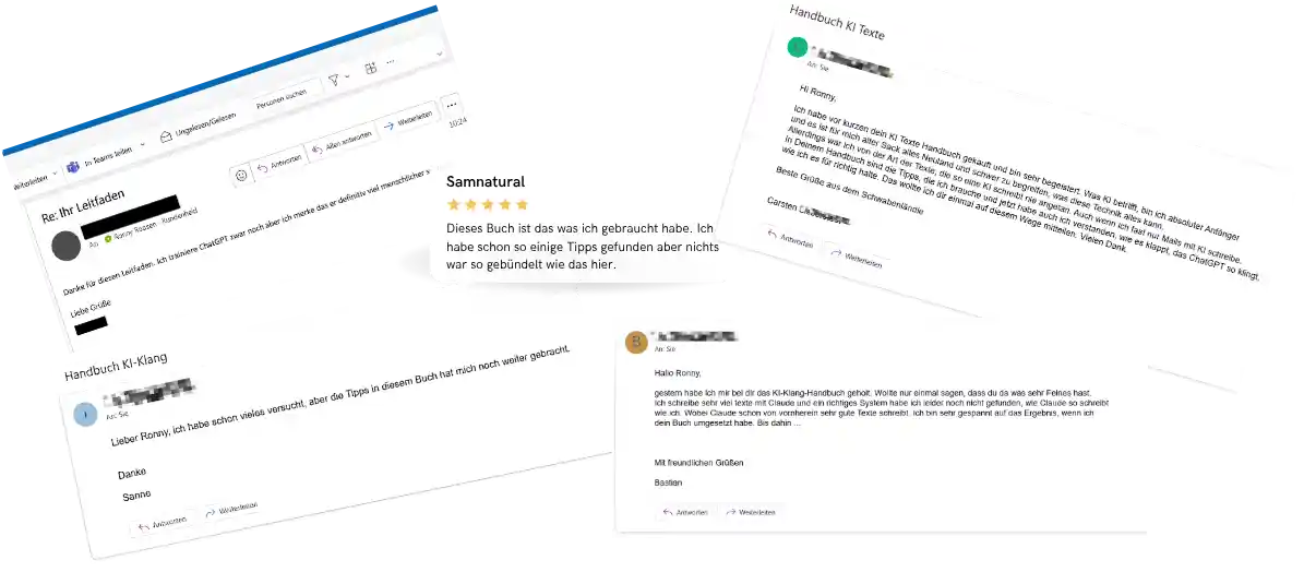 Fünf Leser-Rückmeldungen zum KI-Klang-Handbuch als Screenshots von E-Mails und einer Fünf-Sterne-Bewertung