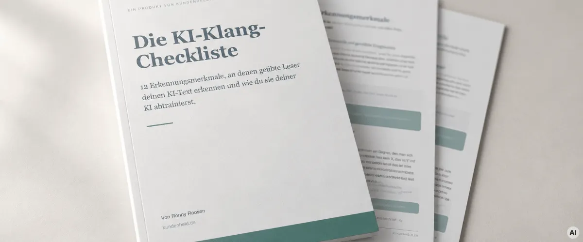 Die KI-Klang-Checkliste Titelseite der KI-Klang-Checkliste von kundenheld.de mit aufgefächerten Innenseiten