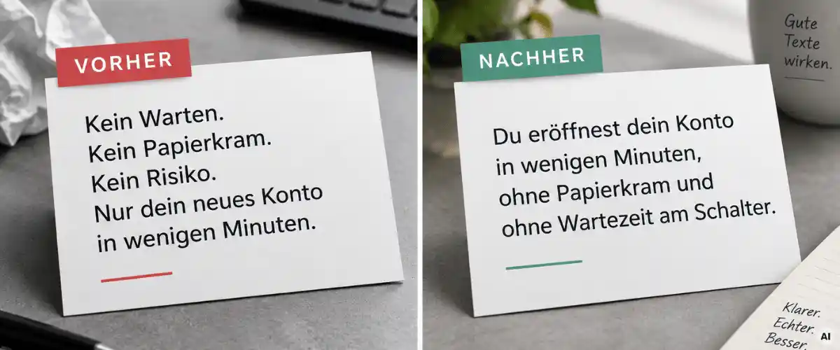 KI-Klang-Checkliste Vorher-Nachher-Vergleich eines Werbesatzes mit abgehackten Satzfetzen und der ausformulierten Version