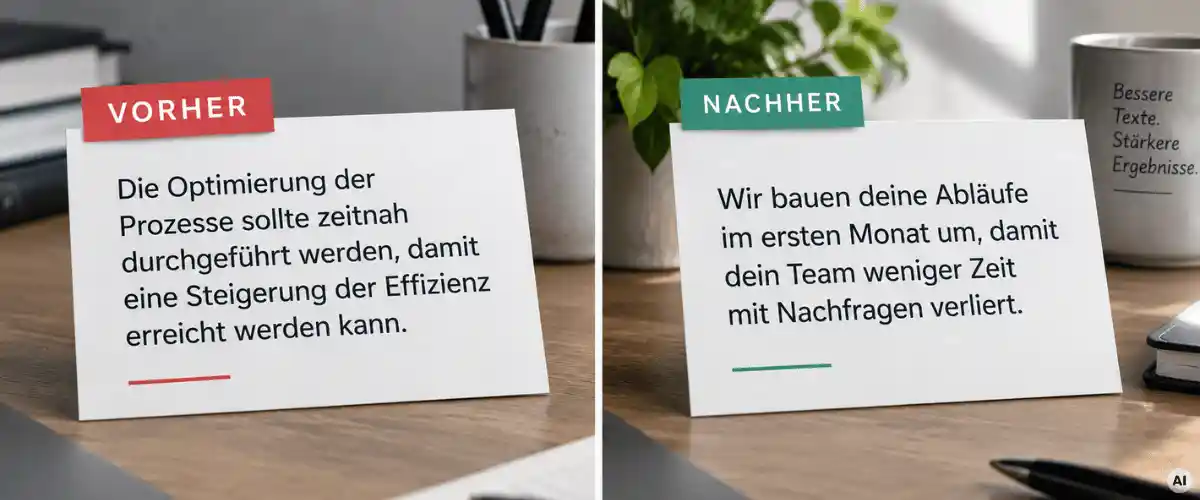 KI-Klang-Checkliste Vorher-Nachher-Vergleich eines Satzes im Amtsdeutsch und der aktiv formulierten Version