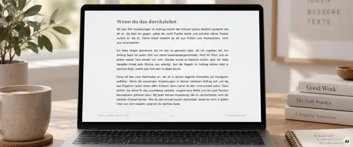 KI-Klang-Checkliste KI-Klang-Checkliste: Zwei Innenseiten der KI-Klang-Checkliste mit Erkennungsmerkmalen und kopierbarem Prompt