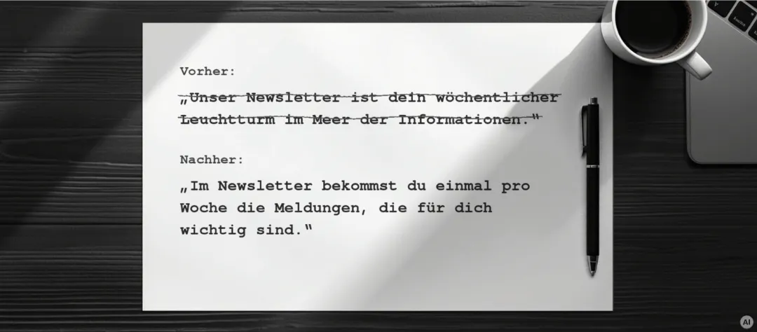 Schwarz-weißes Foto von oben auf einen Schreibtisch mit einem Blatt Papier. In Schreibmaschinenschrift steht unter „Vorher“ der durchgestrichene Satz „Unser Newsletter ist dein wöchentlicher Leuchtturm im Meer der Informationen.“ Unter „Nachher“ steht „Im Newsletter bekommst du einmal pro Woche die Meldungen, die für dich wichtig sind.“ Neben dem Blatt liegen ein Kugelschreiber, eine Tasse Kaffee und ein Laptop.