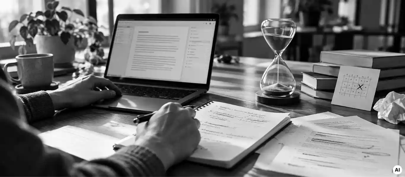 Schwarz-Weiß-Foto: Hände am Laptop und auf einem Notizblock mit durchgestrichenen Zeilen, daneben eine Sanduhr und ausgedruckte Seiten mit gestrichenen Textstellen
