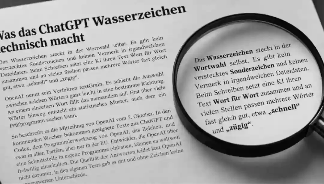 Ausgedruckter Blogartikel zum ChatGPT Wasserzeichen. Eine Lupe vergrößert den Absatz über die Wortwahl mit den Beispielwörtern „schnell“ und „zügig“.