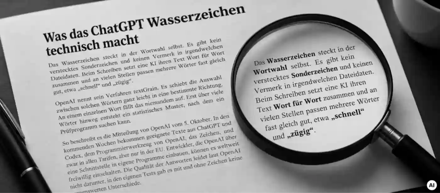 Ausgedruckter Blogartikel zum ChatGPT Wasserzeichen. Eine Lupe vergrößert den Absatz über die Wortwahl mit den Beispielwörtern „schnell“ und „zügig“.