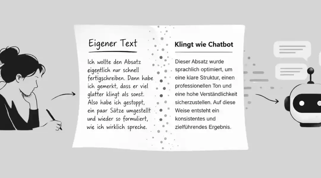 Schreiben wie KI: Eine Frau schreibt per Hand einen Text, der auf einem Blatt in glatten Chatbot-Text übergeht, rechts daneben ein Roboter mit Sprechblasen.