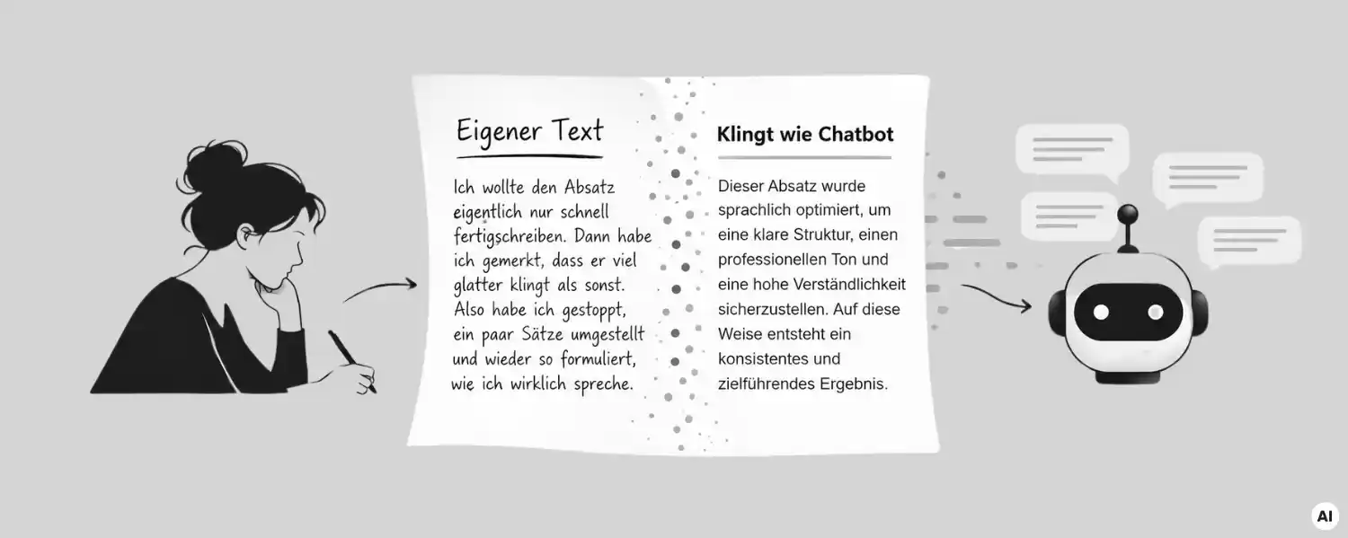 Schreiben wie KI: Eine Frau schreibt per Hand einen Text, der auf einem Blatt in glatten Chatbot-Text übergeht, rechts daneben ein Roboter mit Sprechblasen.